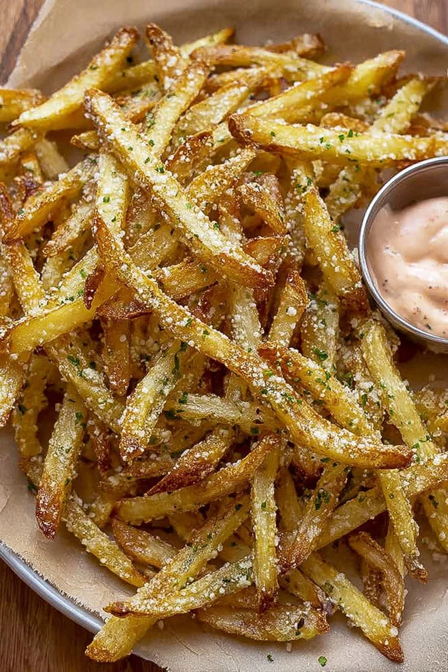 Crispy Garlic Parmesan French Fries on a plate