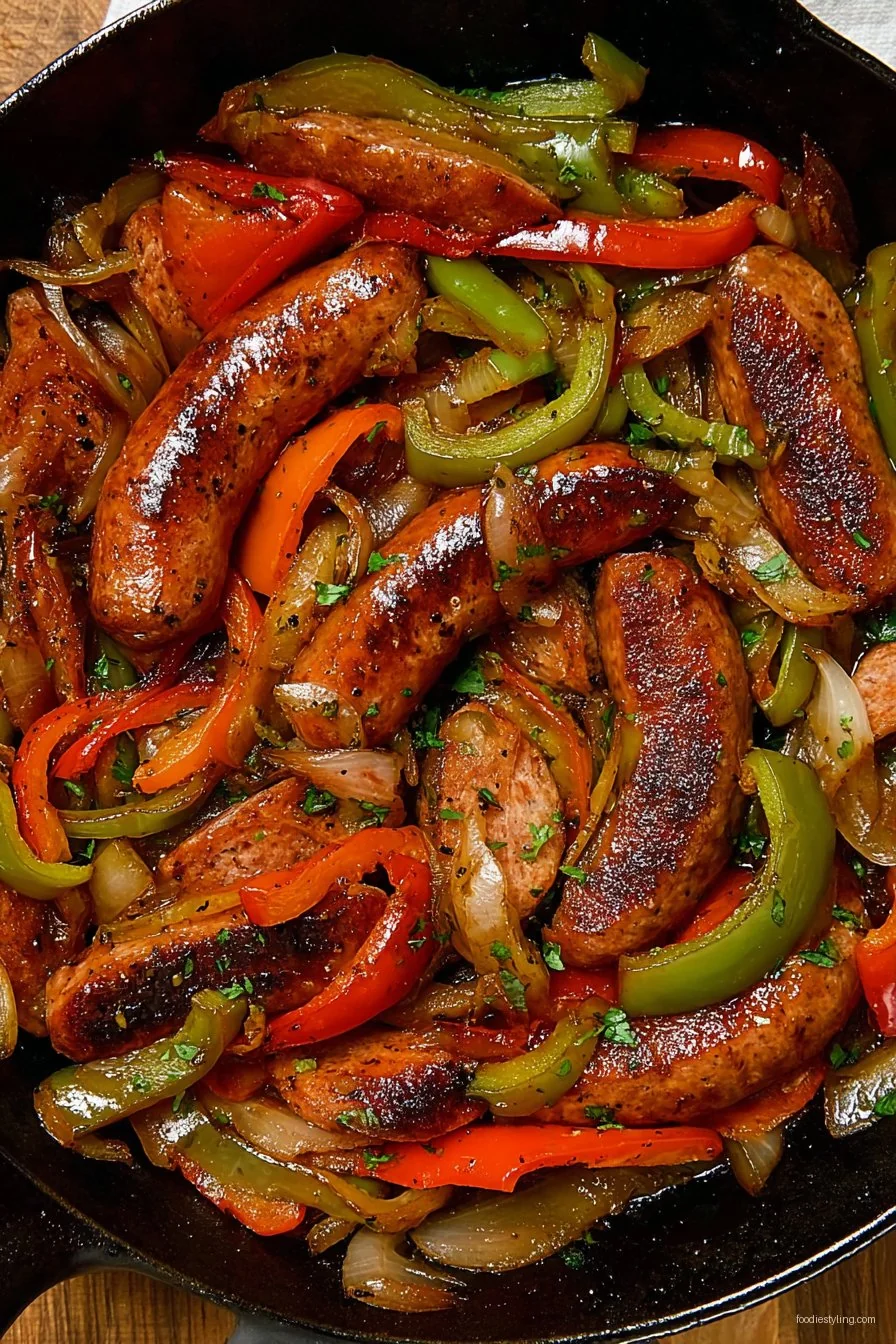 Sizzling skillet of sliced andouille sausage and colorful bell peppers