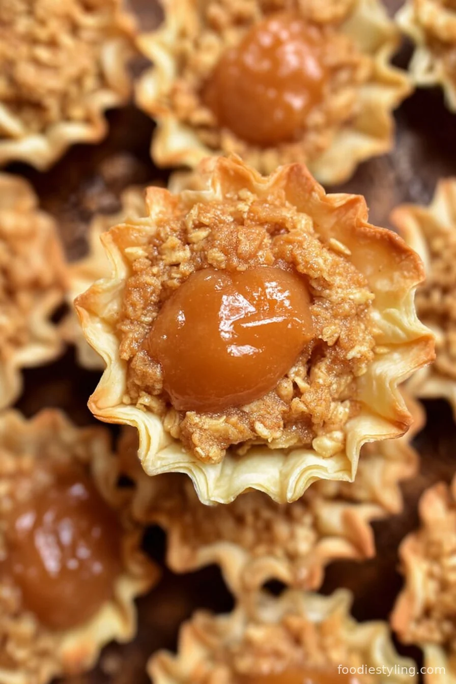 Apple Phyllo Cups gleaming golden and steaming, filled with cinnamon apples