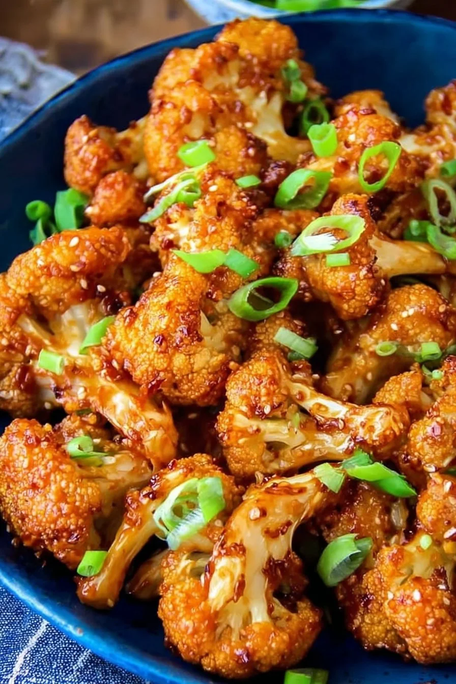 Asian-style baked cauliflower wings served with sesame seeds and green onion