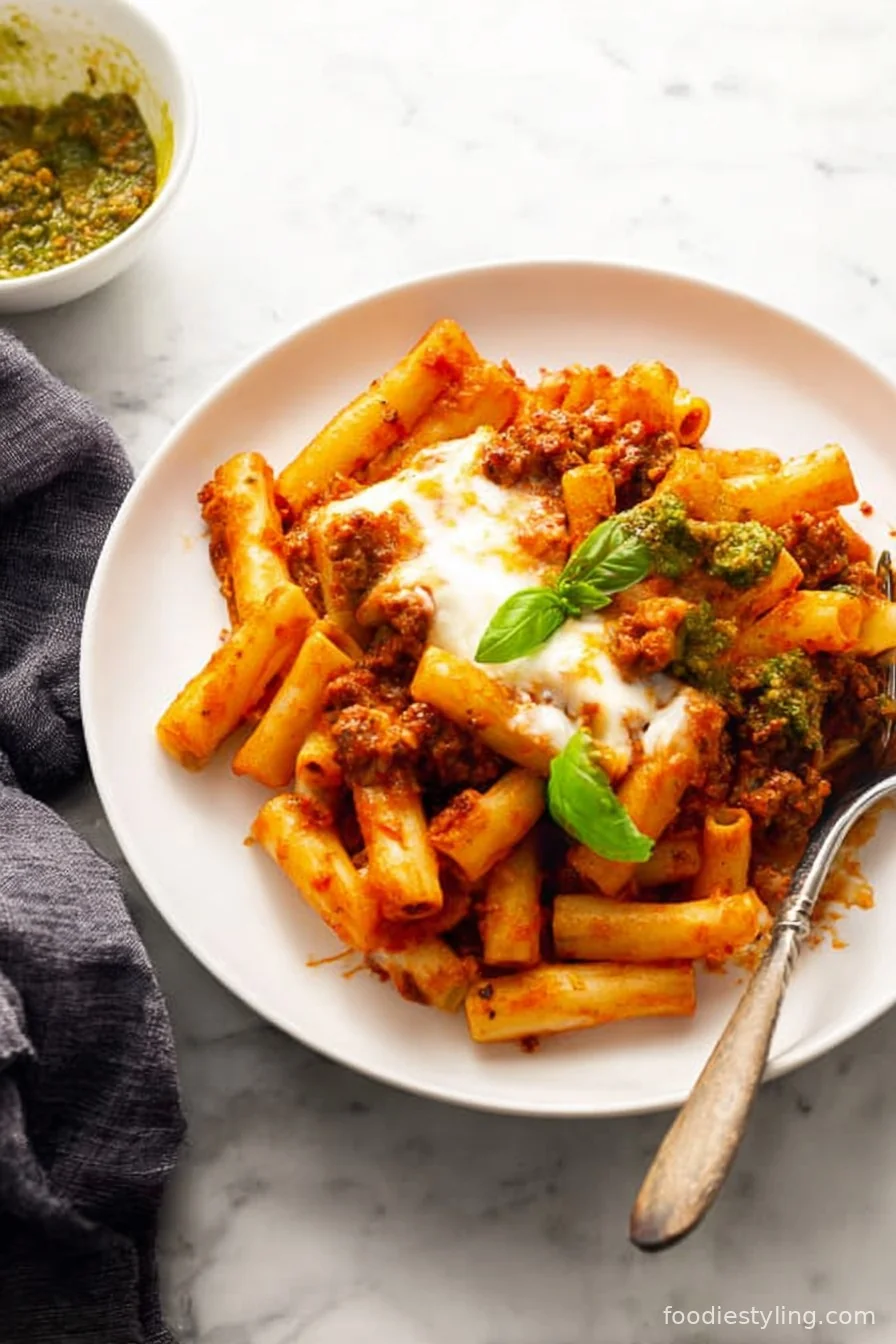 Baked Ziti with Sausage fresh from the oven, bubbling with cheese and flecked with basil