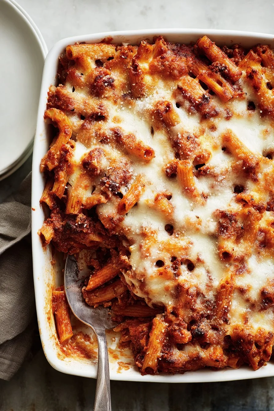 Perfectly cheesy baked ziti fresh from the oven