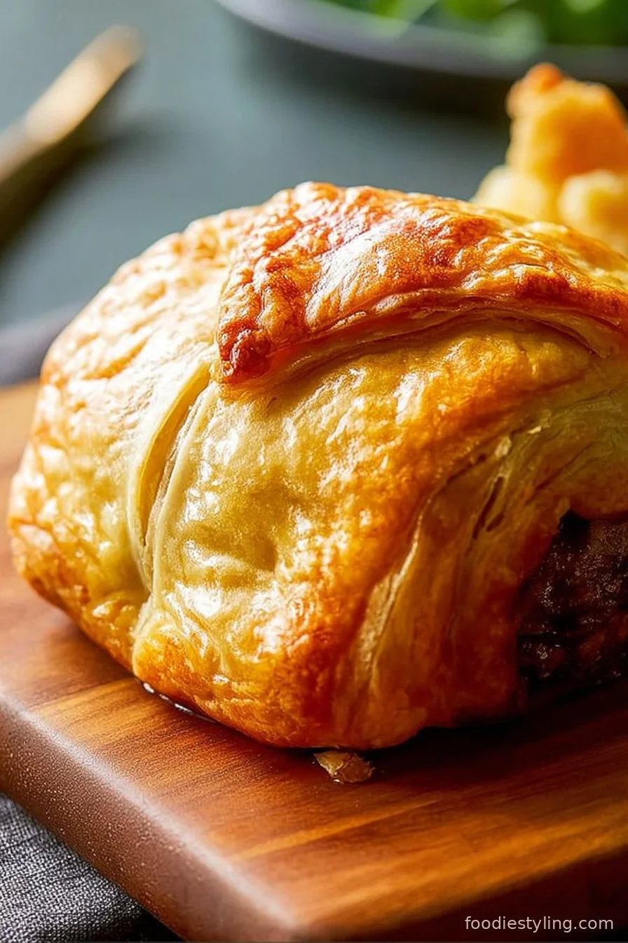 Beef Wellington sliced beautifully with mushroom duxelles and golden flaky pastry