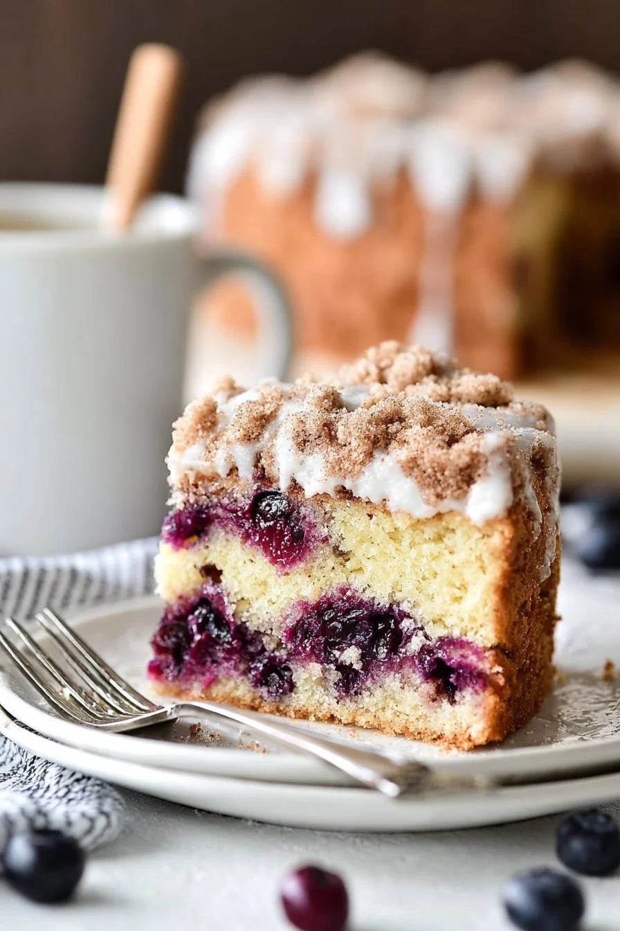 A slice of Blueberry Sour Cream Coffee Cake on a white plate, showing juicy blueberries and cinnamon streusel.