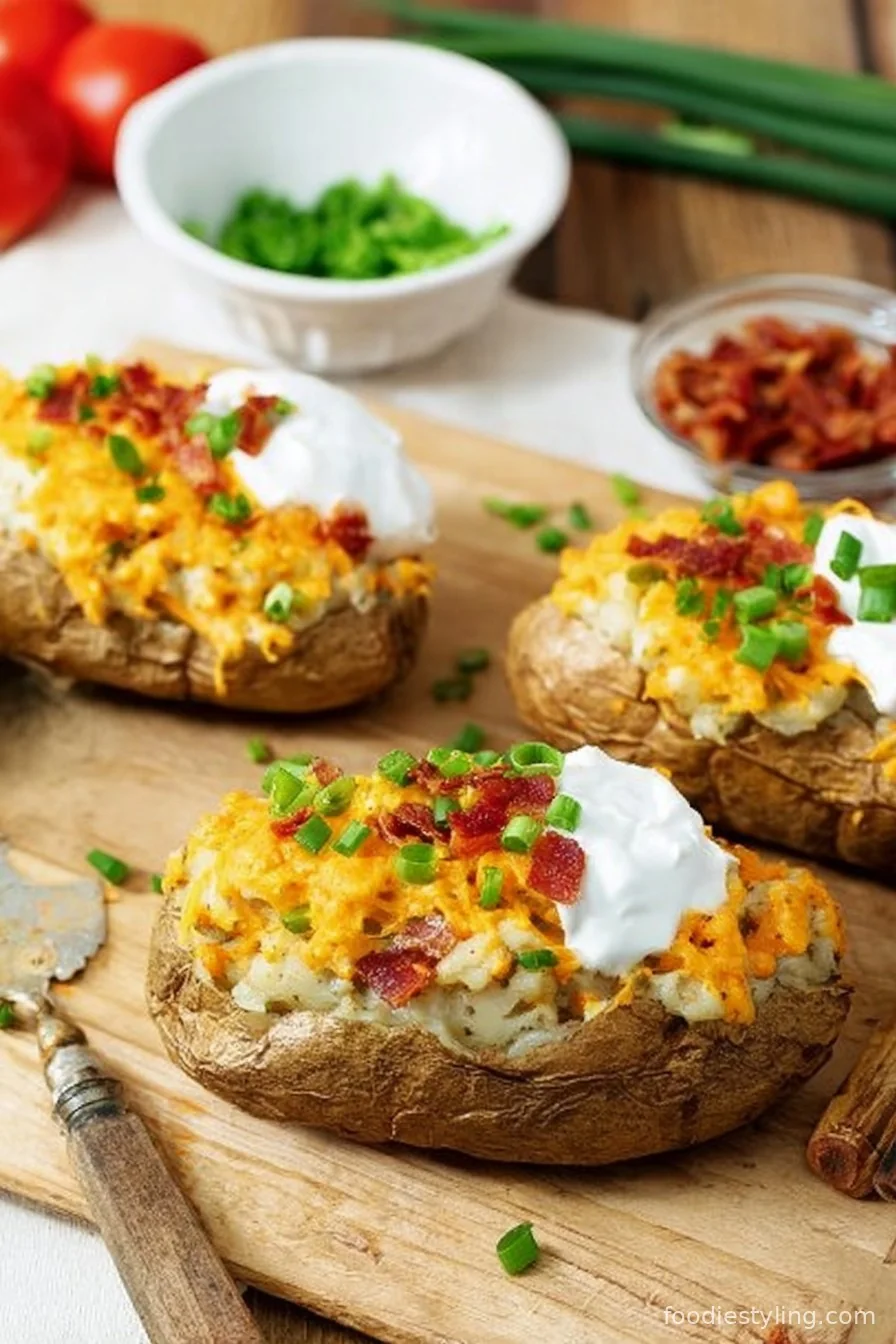 Breakfast Baked Potatoes plated with eggs, bacon, and chives on a rustic board