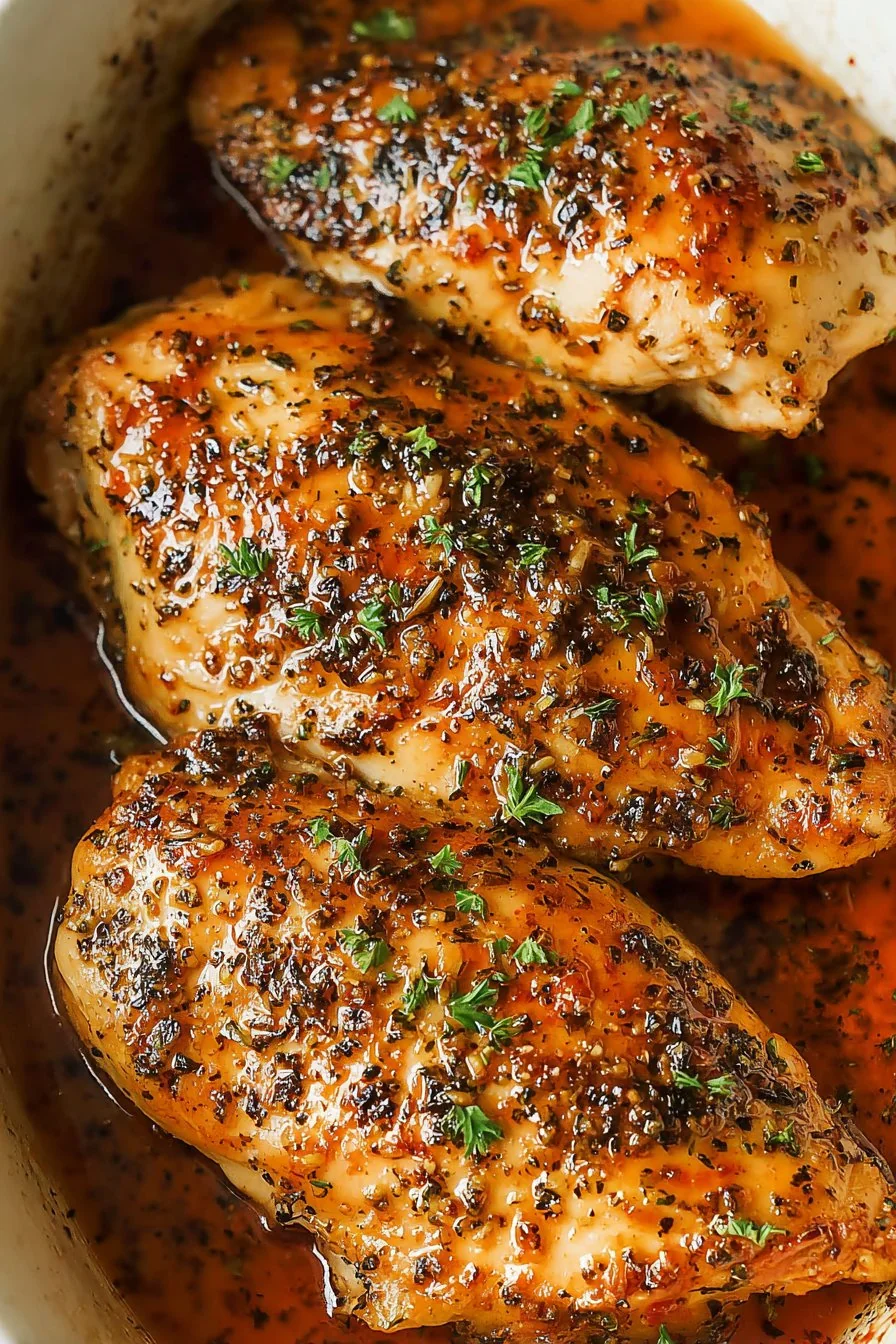 Close-up of juicy Brown Sugar Garlic Chicken with caramelized glaze