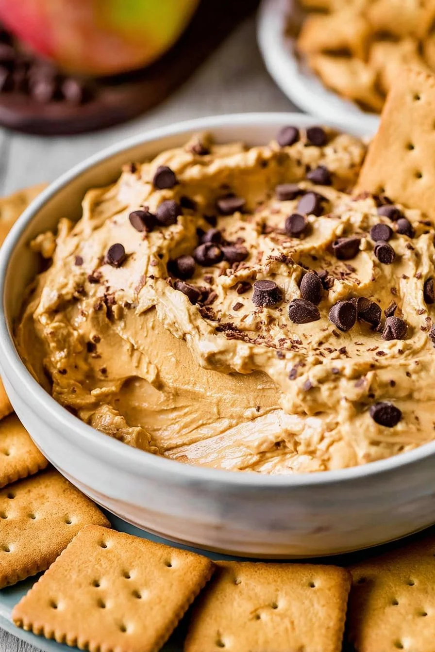 Creamy Buckeye Dip served with pretzels, chocolate graham crackers, and apple slices