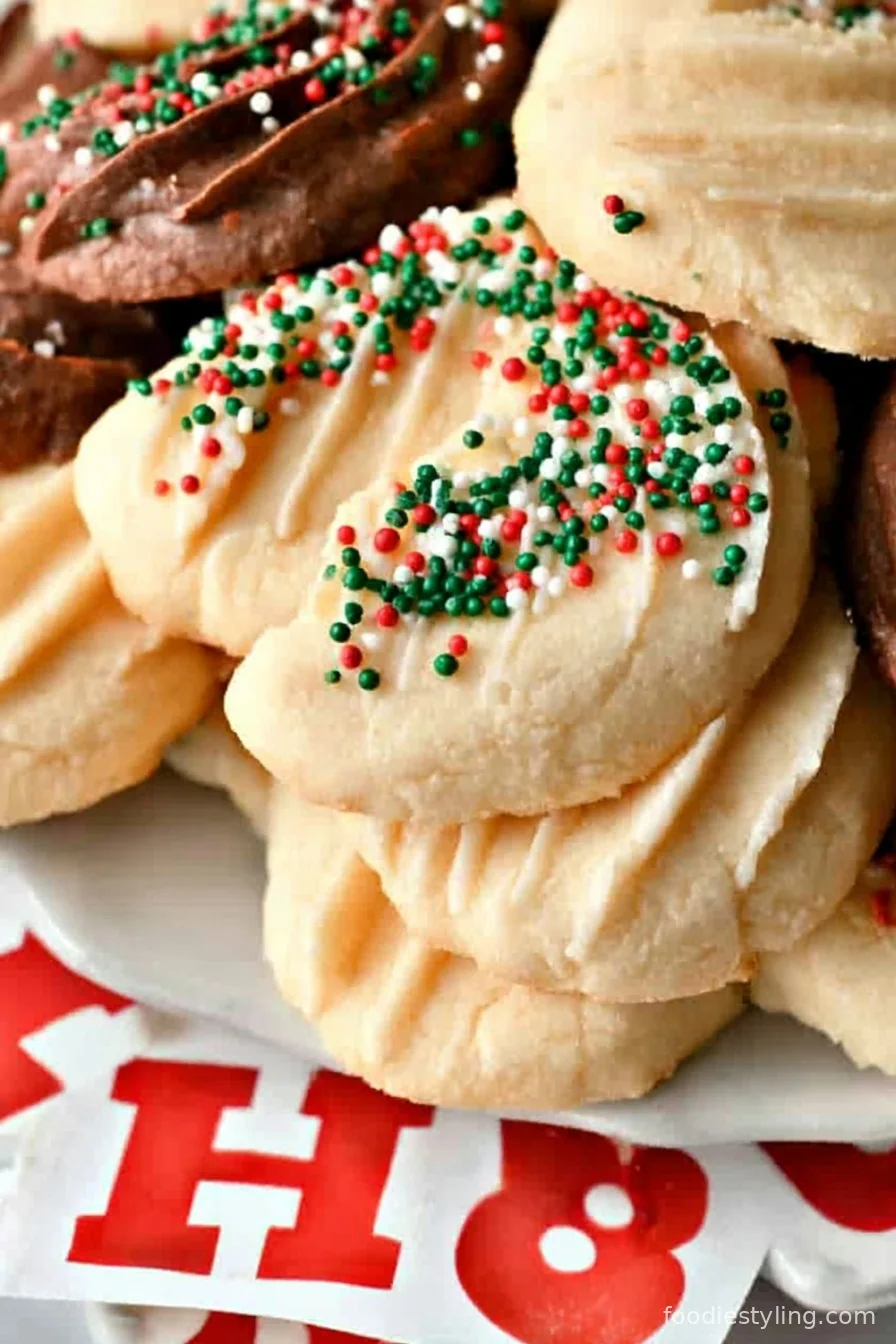 A stack of golden butter cookies on a white plate