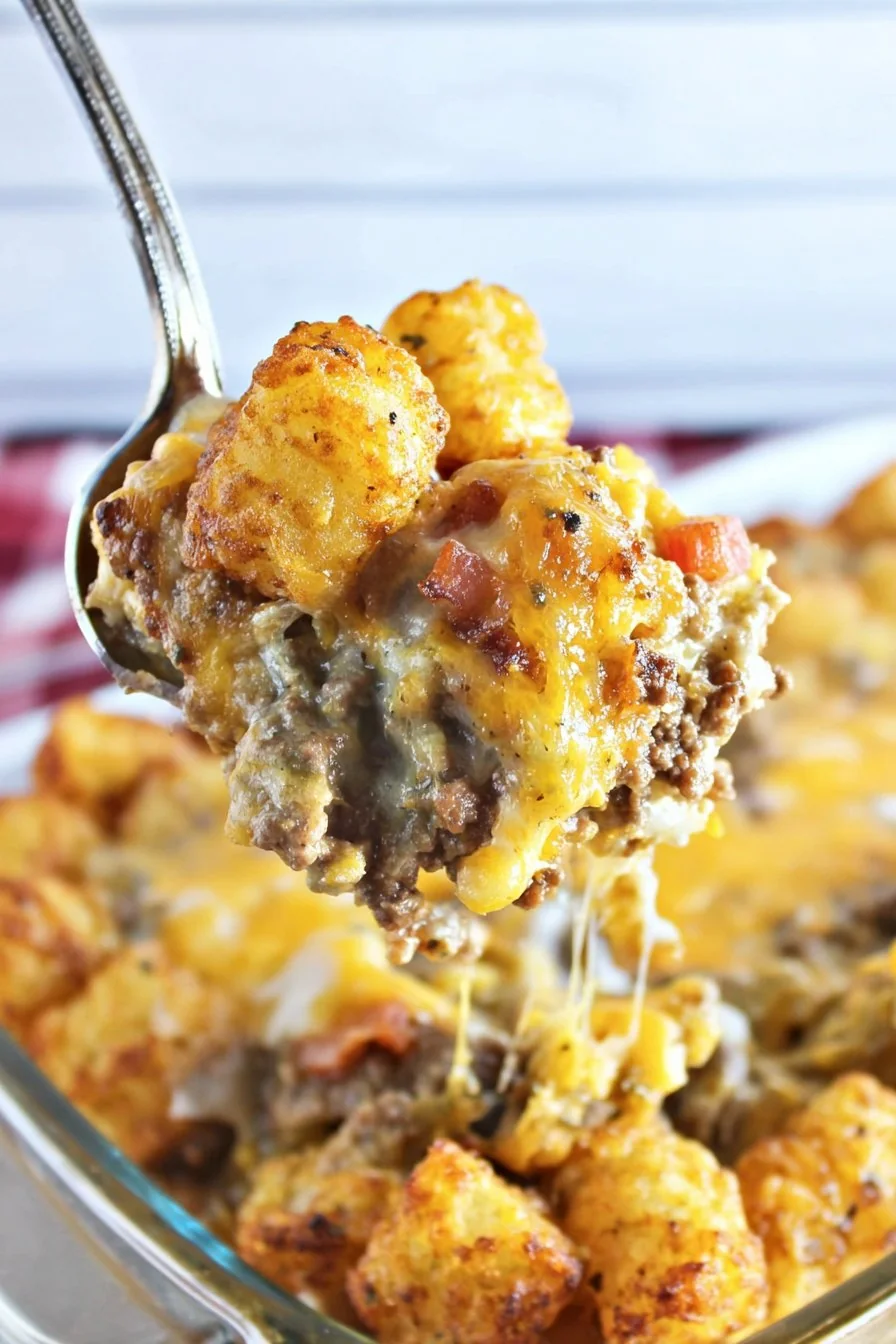 Cheeseburger Tater Tot Casserole fresh from the oven