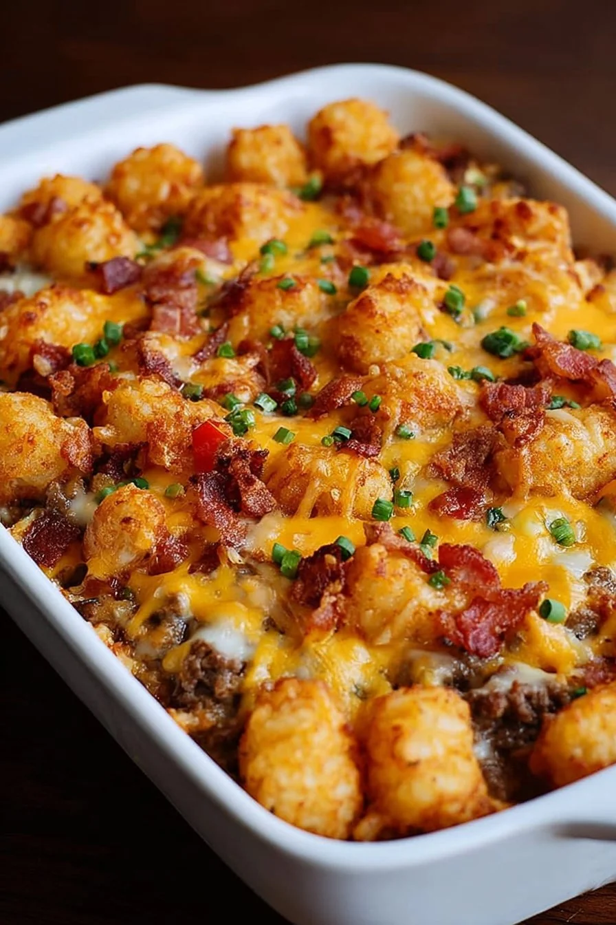 Cheesy cheeseburger tater tot casserole baked in a pan, golden and crispy with melted cheese on top