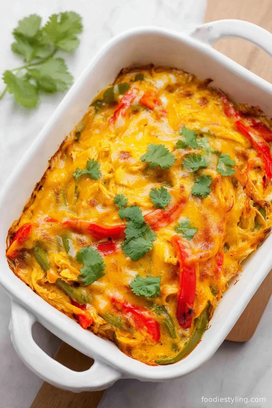 Cheesy Chicken Fajita Casserole in a casserole dish, topped with melted cheese and colorful bell peppers