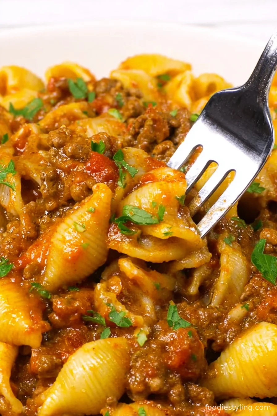 A bowl of Cheesy Taco Pasta with melted cheese, ground beef, and garnished with fresh cilantro
