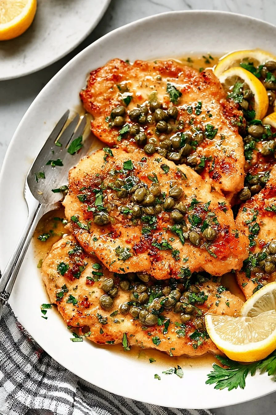 A plate of golden Chicken Piccata topped with lemon slices and capers