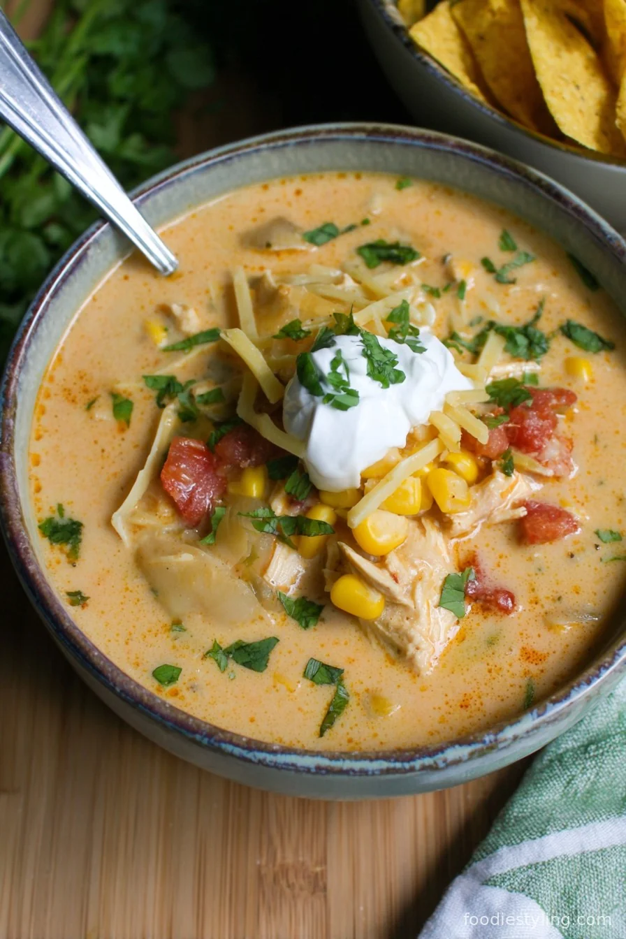 A steaming bowl of creamy Chipotle Chicken Corn Chowder, garnished with fresh cilantro and crisp tortilla strips