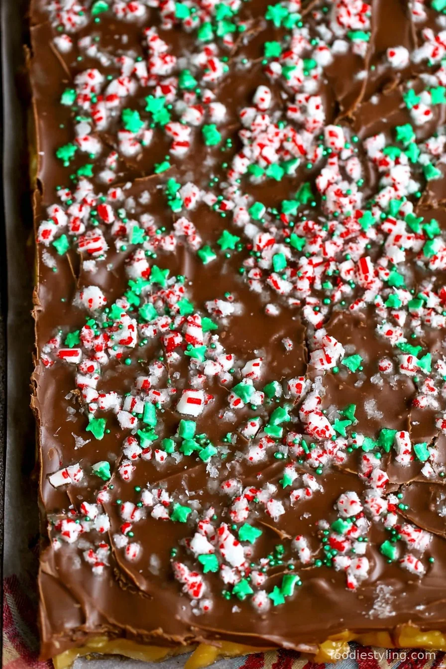 A batch of Christmas Crack broken into pieces, showing layers of toffee and chocolate.
