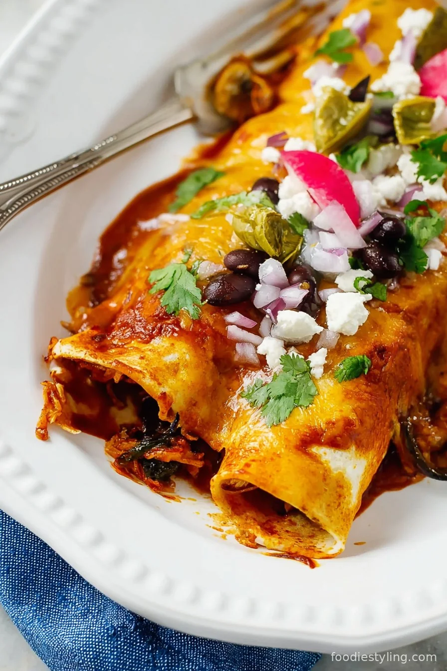 Festive Christmas Enchiladas bursting with melted cheese, red and green sauce, and fresh cilantro