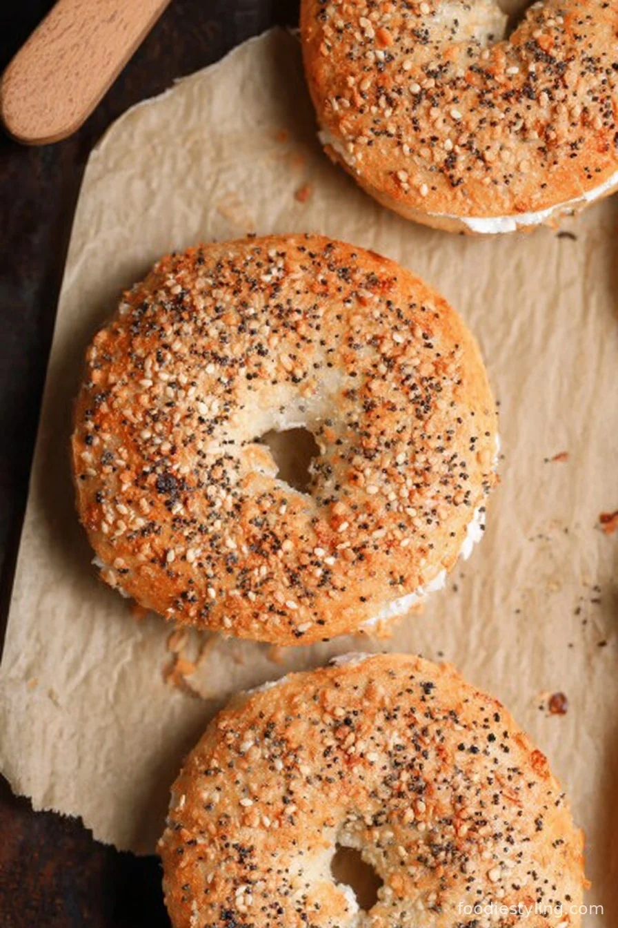 A toasted bagel topped with creamy cottage cheese, fresh vegetables, and herbs.