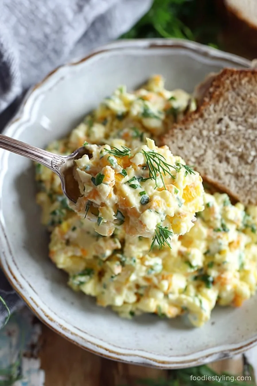 A bowl of creamy cottage cheese egg salad garnished with dill and served with whole grain toast.