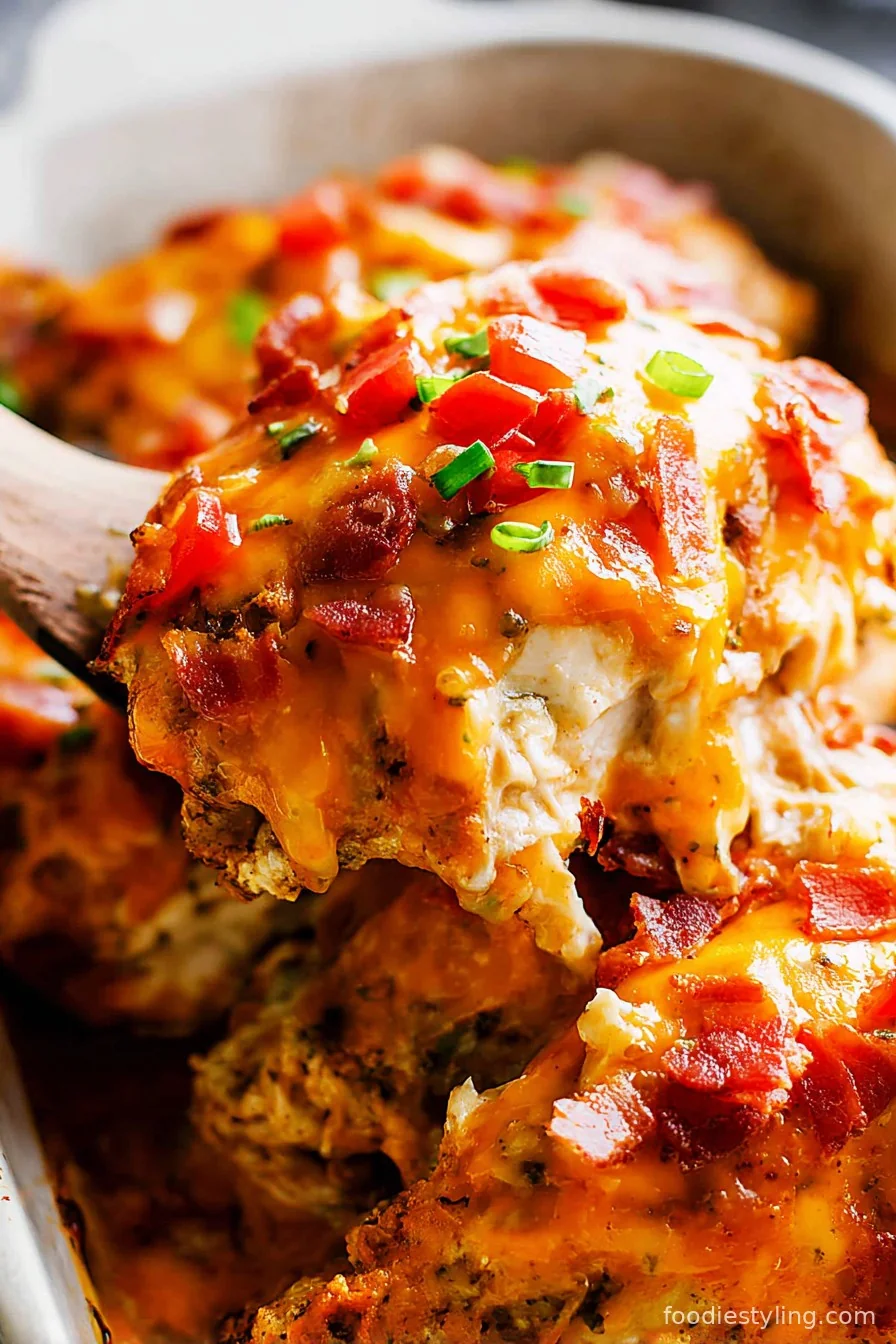 A bowl of creamy Crack Chicken garnished with green onions and bacon bits