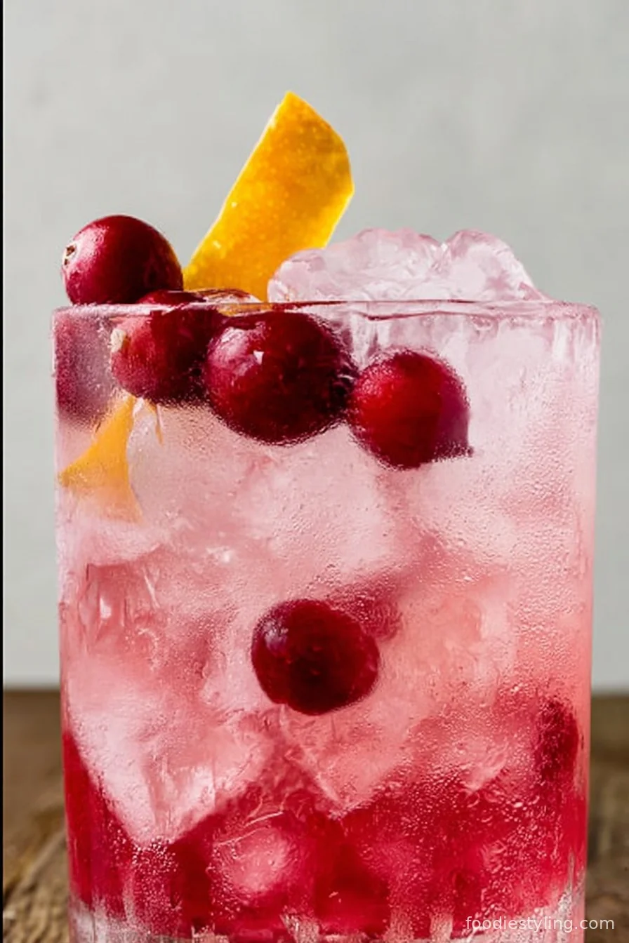 A sparkling Cranberry Paloma cocktail garnished with fresh cranberries and rosemary sprigs