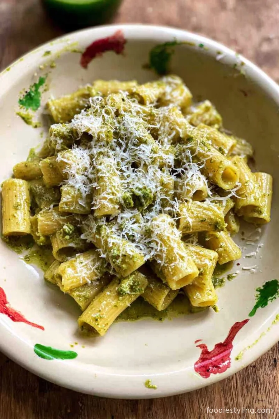 Bowl of creamy pistachio pesto pasta, topped with basil and chopped pistachios