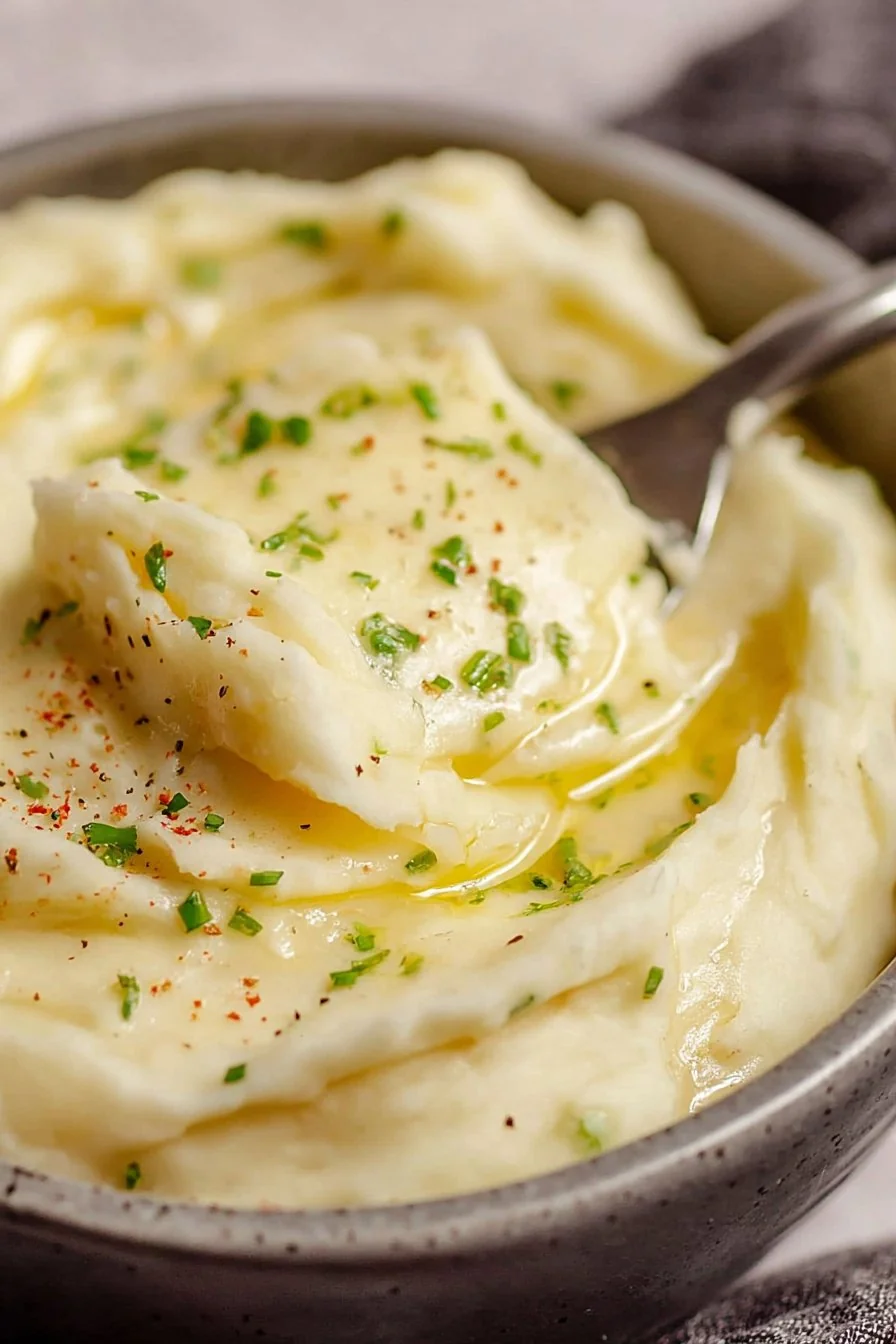 A bowl of ultra-creamy Boursin Mashed Potatoes garnished with fresh chives