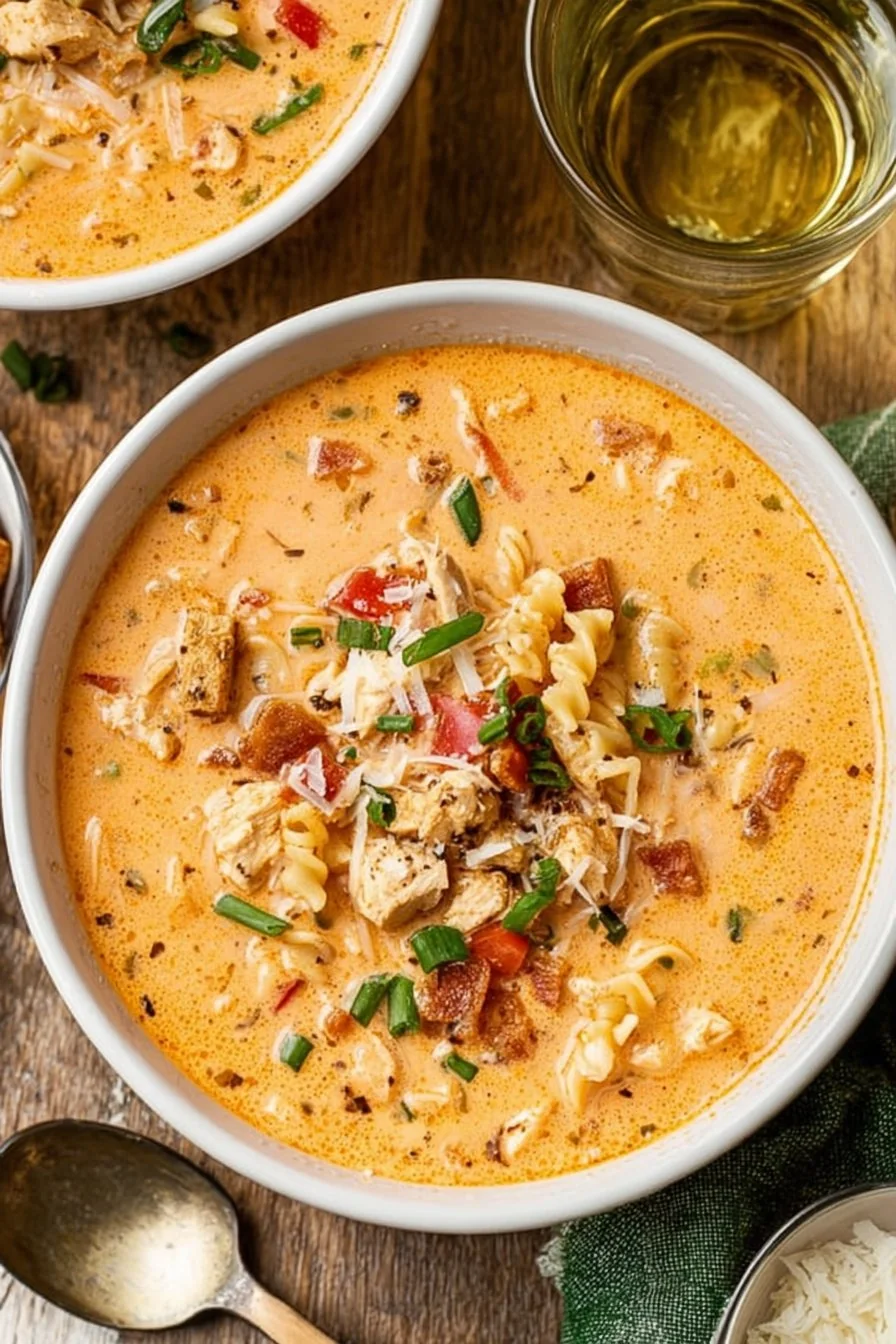 A steaming bowl of Creamy Cajun Chicken Pasta Soup topped with fresh parsley
