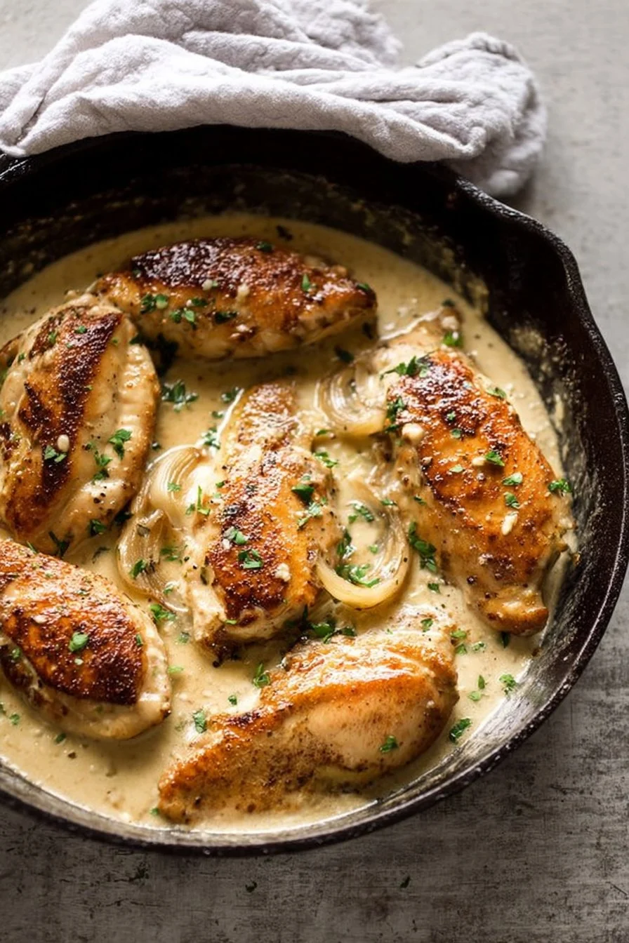 Golden sautéed chicken with a luscious garlic cream sauce, garnished with fresh parsley