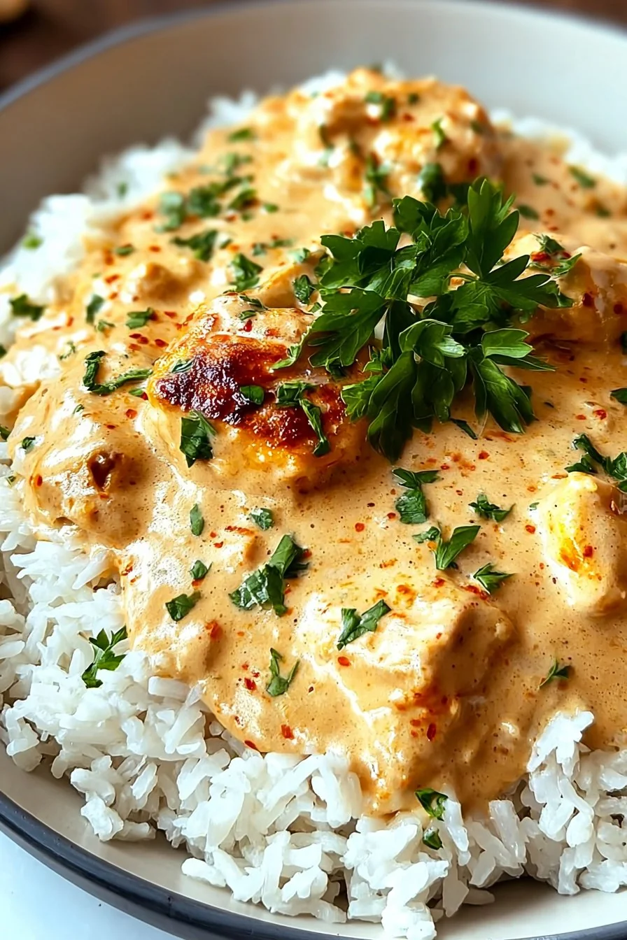 A skillet of golden chicken breasts smothered in creamy sauce and rice