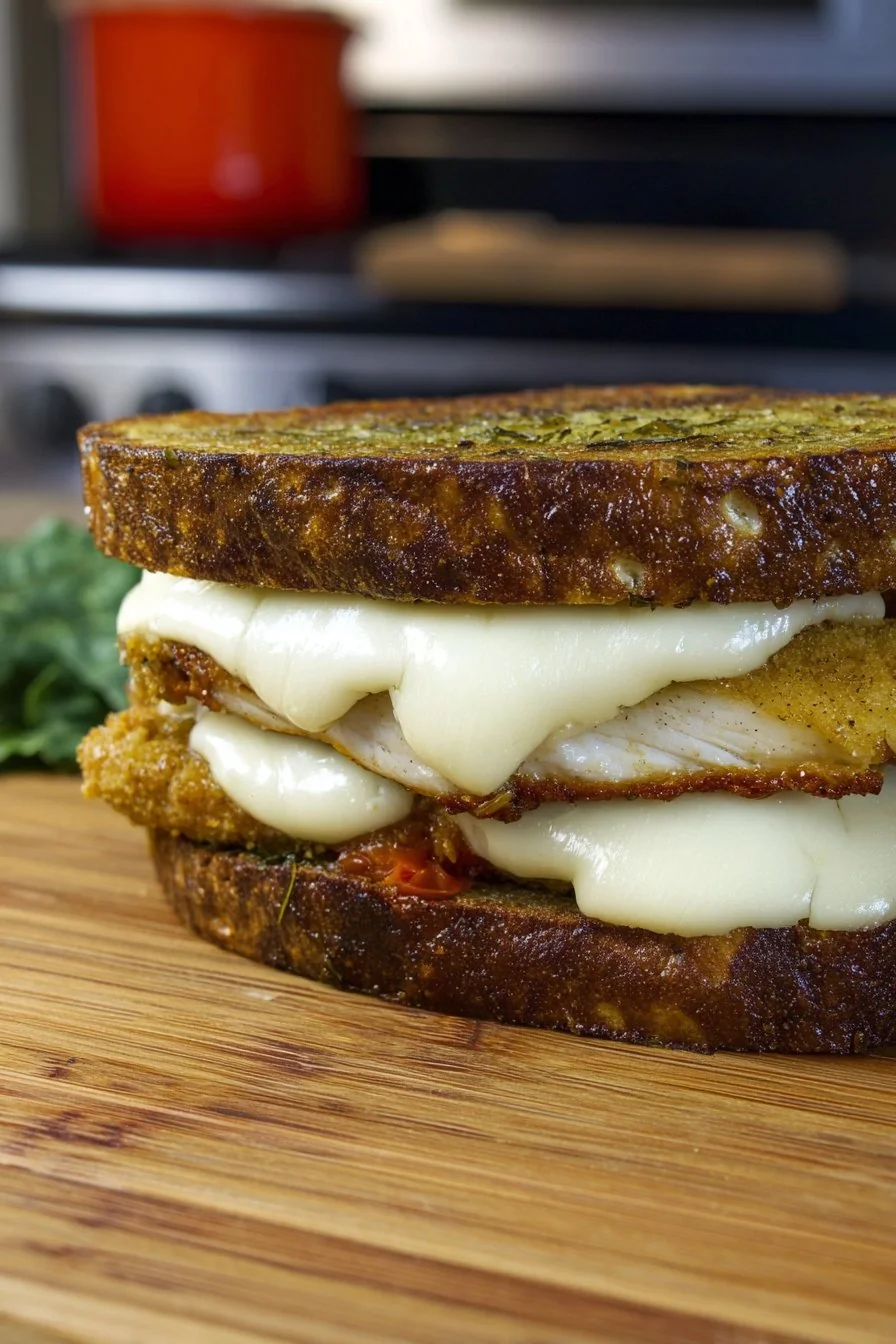 Crispy chicken grilled cheese sandwich, sliced and oozing cheese