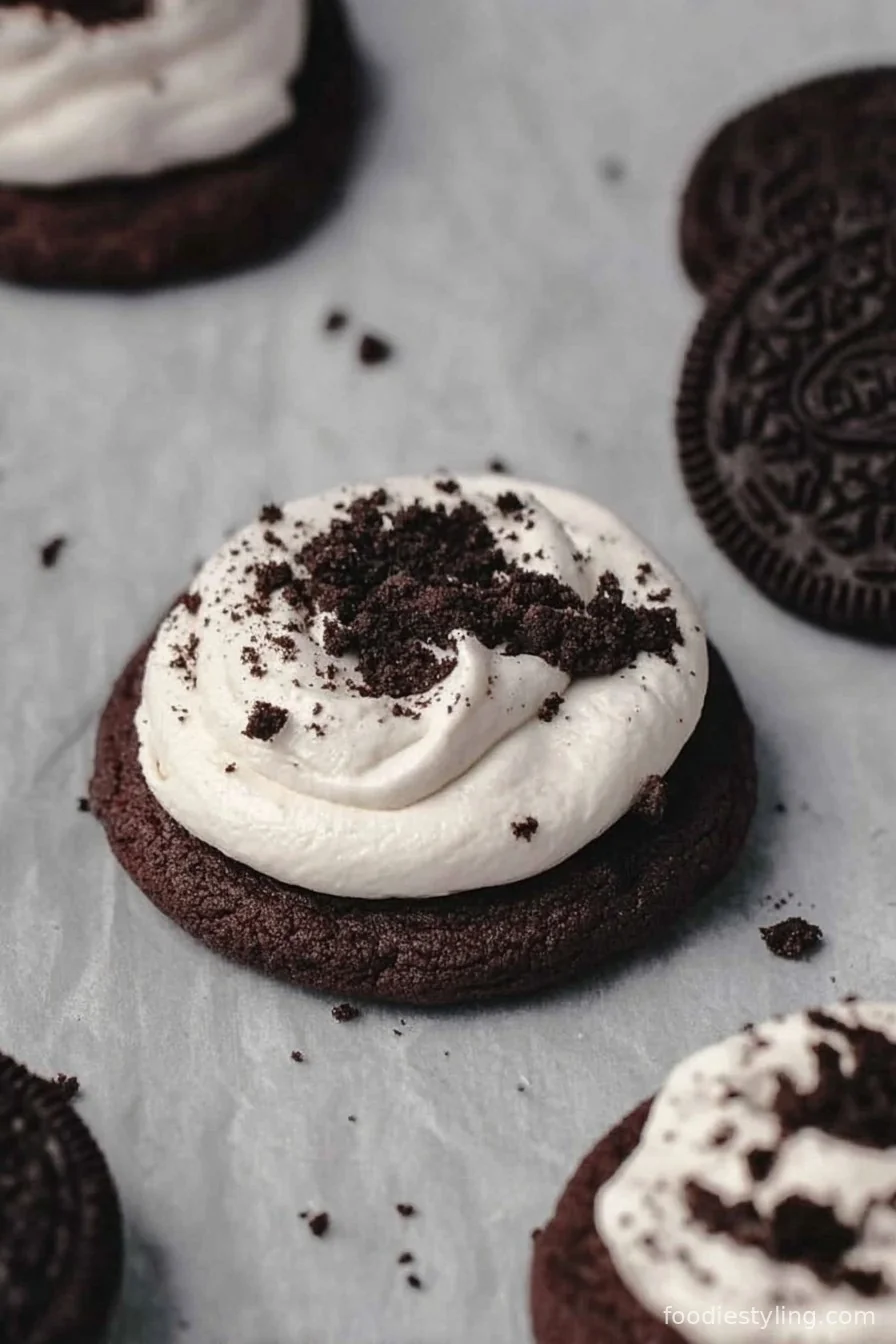 The ultimate Crumbl chocolate Oreo cookies with a swirl of vanilla buttercream frosting.