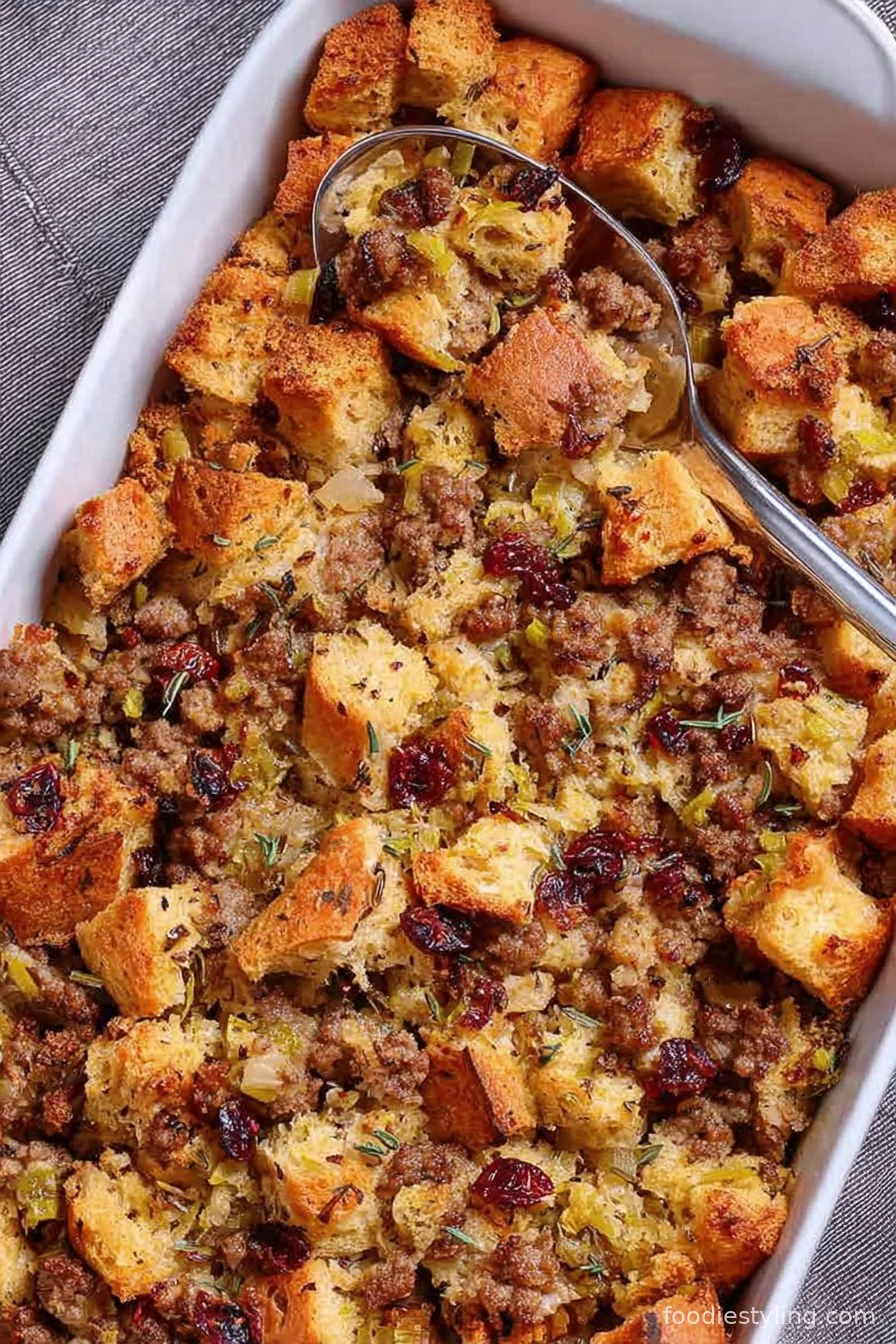 Golden-brown sausage stuffing in a white casserole dish, garnished with fresh parsley