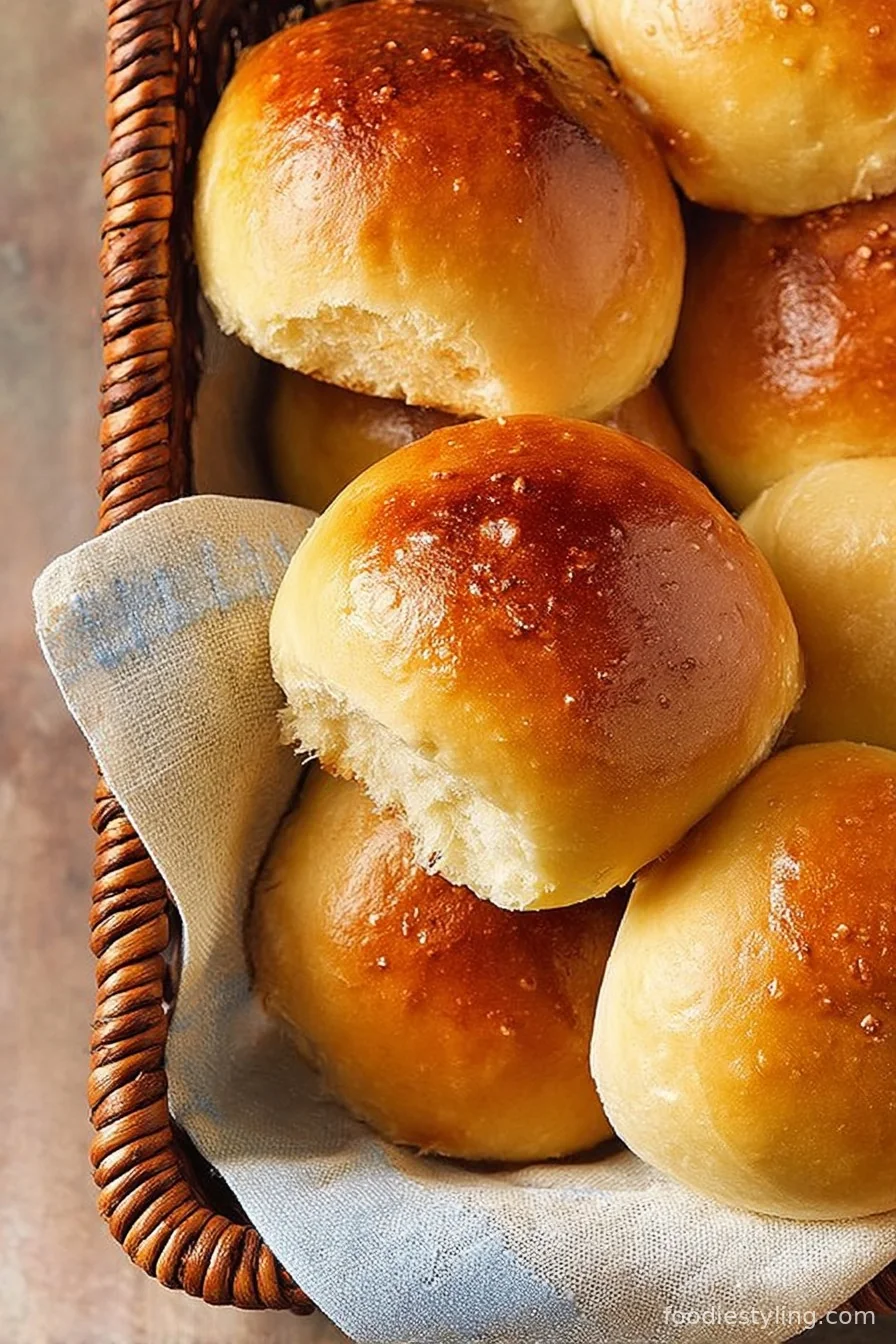 A basket of golden Dinner Rolls with melted butter