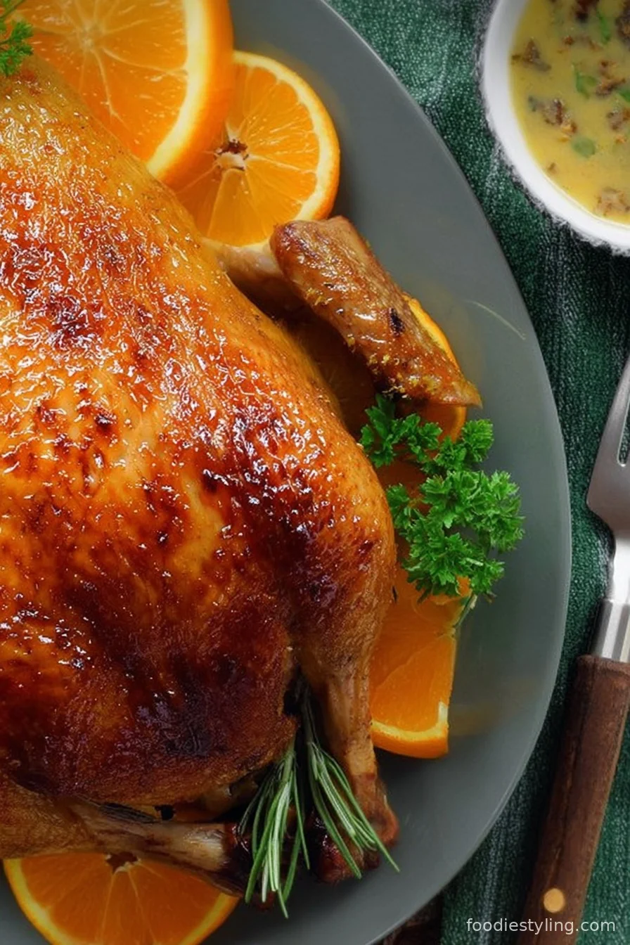 Golden roasted duck stuffed with orange and hazelnuts on a white platter