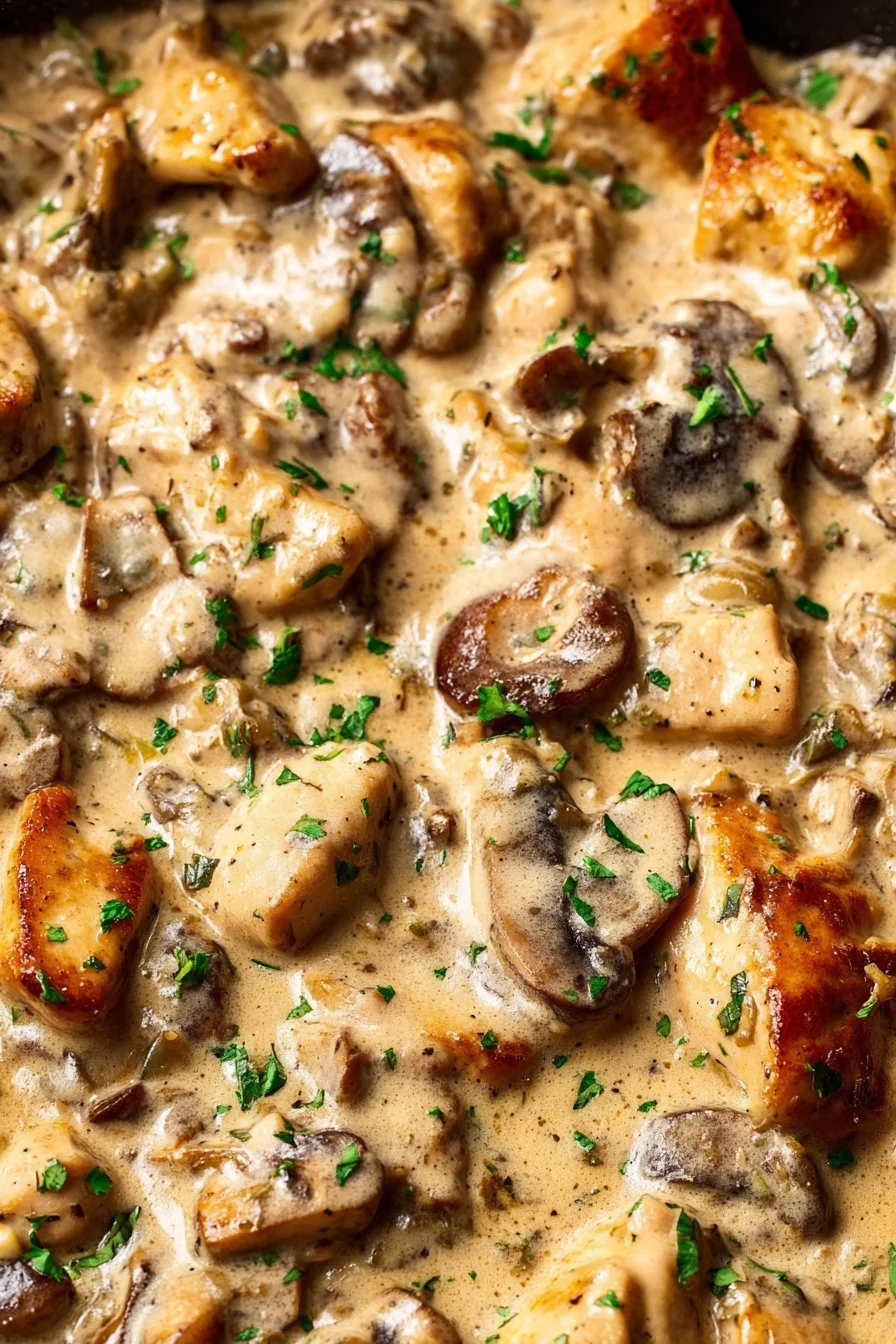 Creamy skillet of Easy Chicken Stroganoff topped with fresh parsley