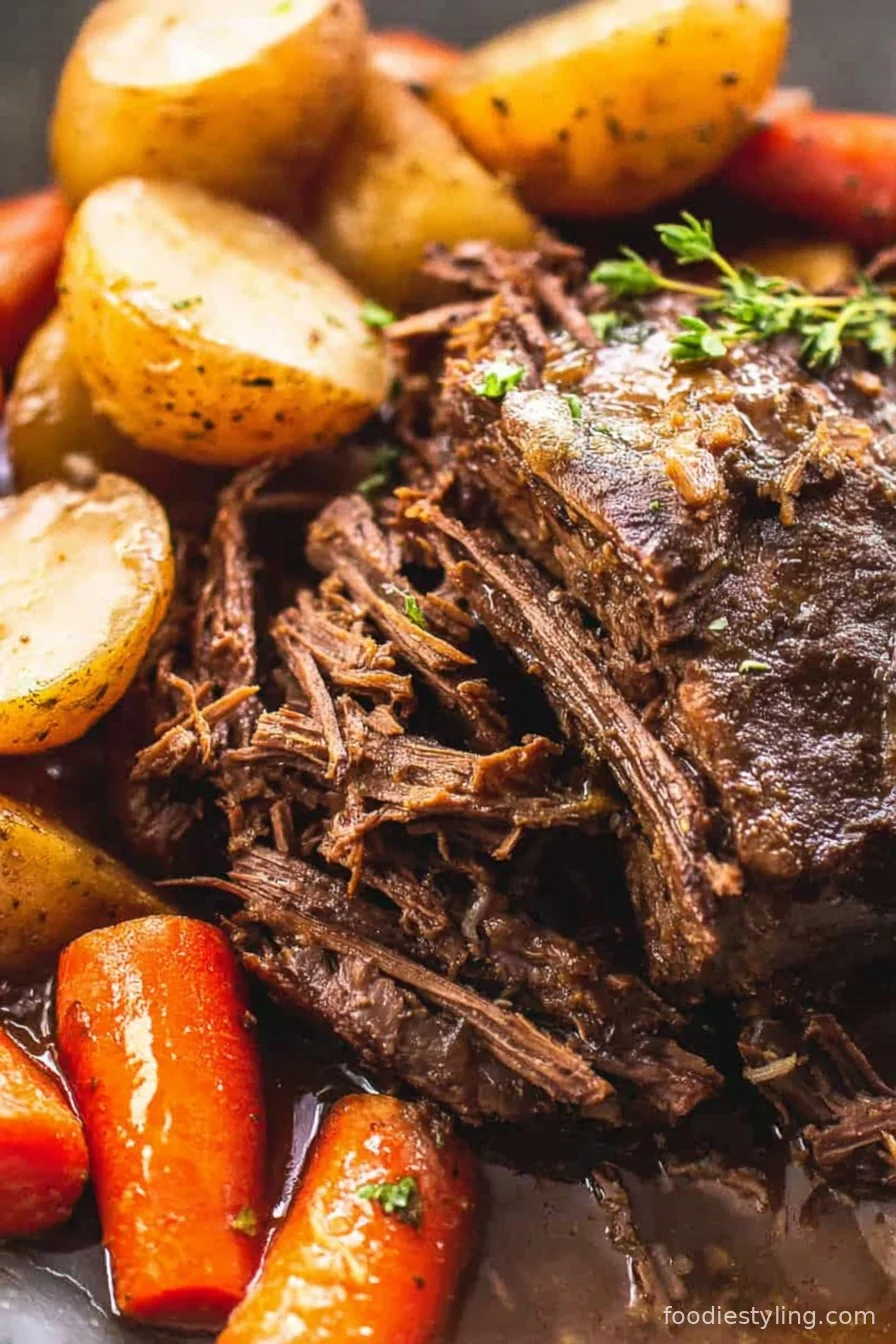 Mouthwatering pot roast with carrots and potatoes in a serving dish