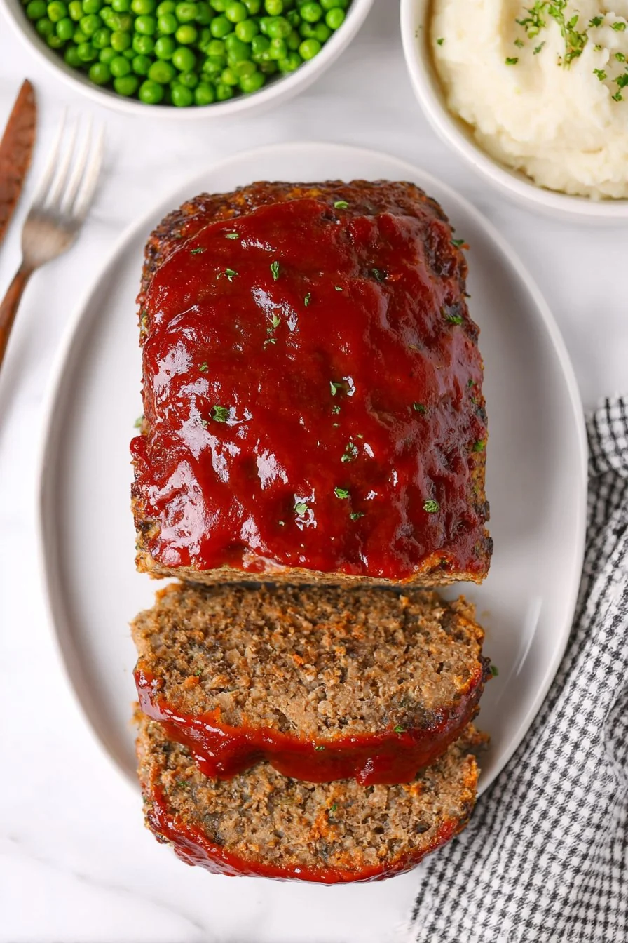 A perfectly sliced, juicy Lipton onion soup meatloaf garnished with parsley