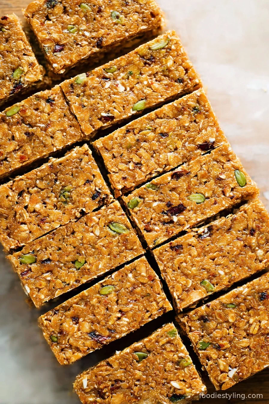 A stack of chewy, golden no-bake granola bars studded with chocolate chips
