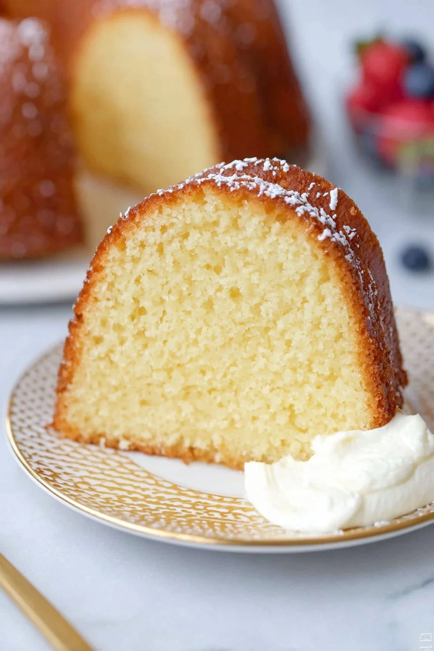 A golden, buttery pound cake loaf sliced on a white plate.