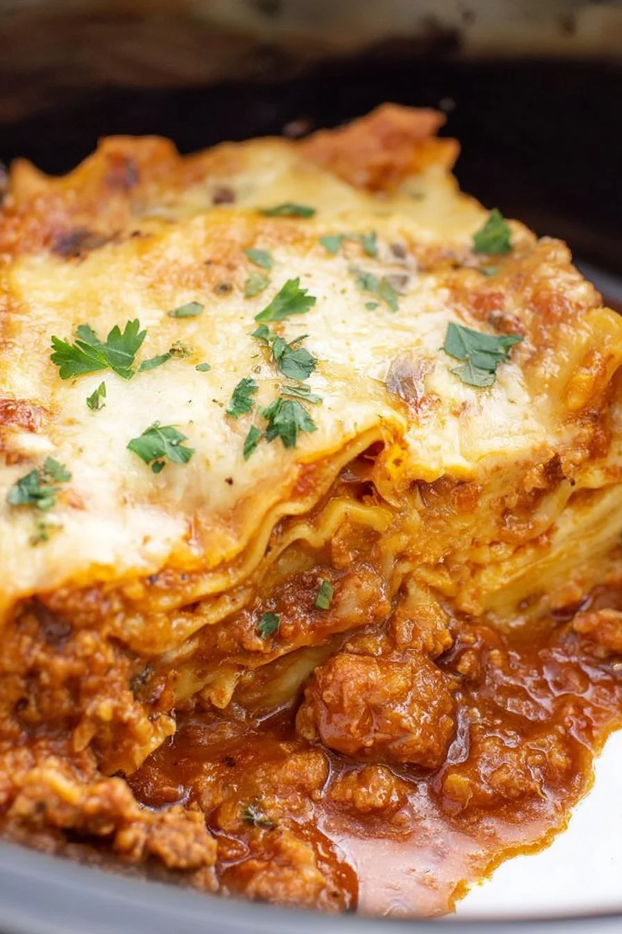 Slow cooker lasagna layered with cheese and herbs, ready to serve