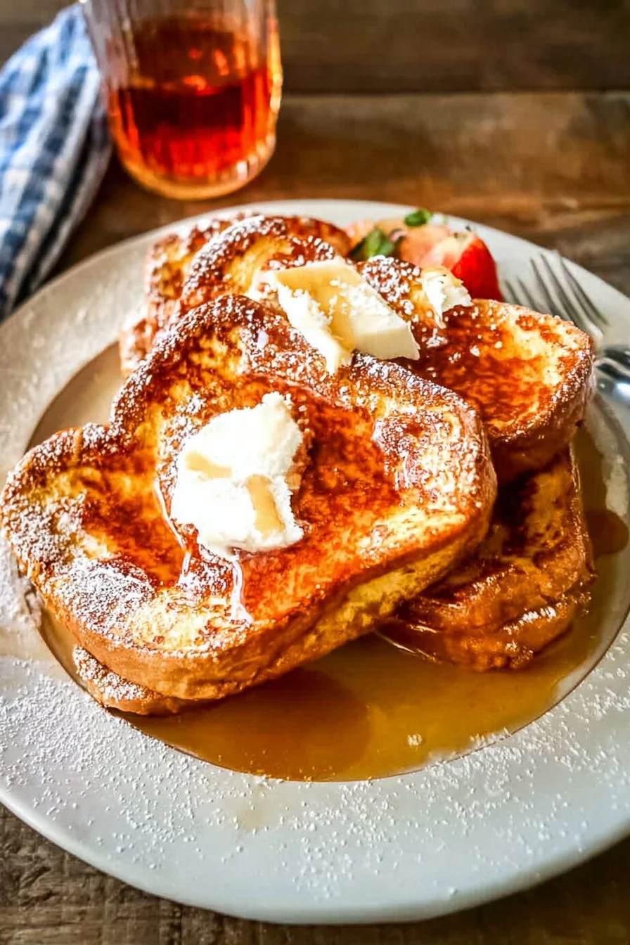 Golden slices of classic French toast stacked and drizzled with maple syrup.