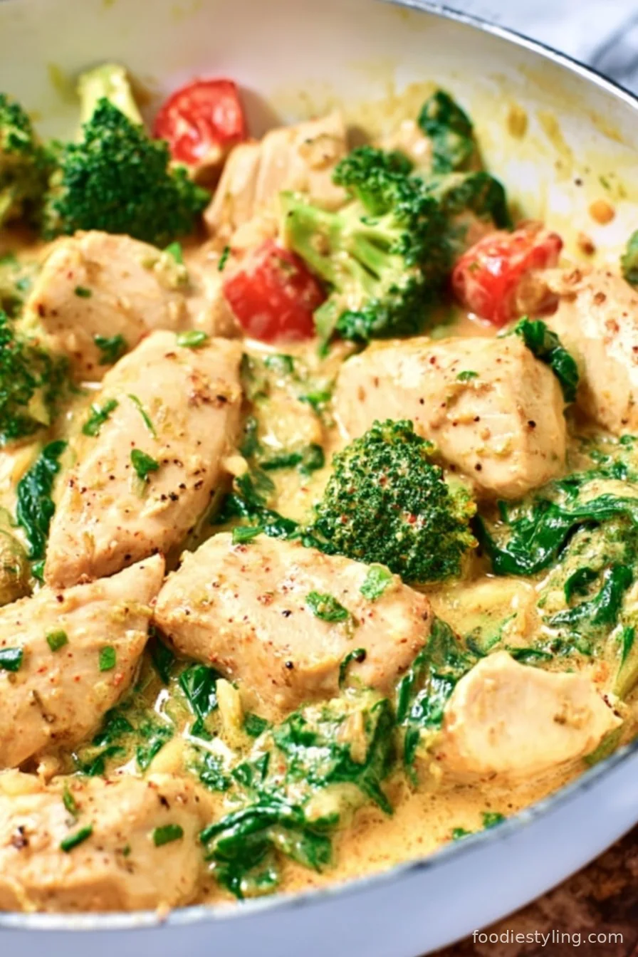 Garlic Chicken with Broccoli and Spinach sauteed in a pan