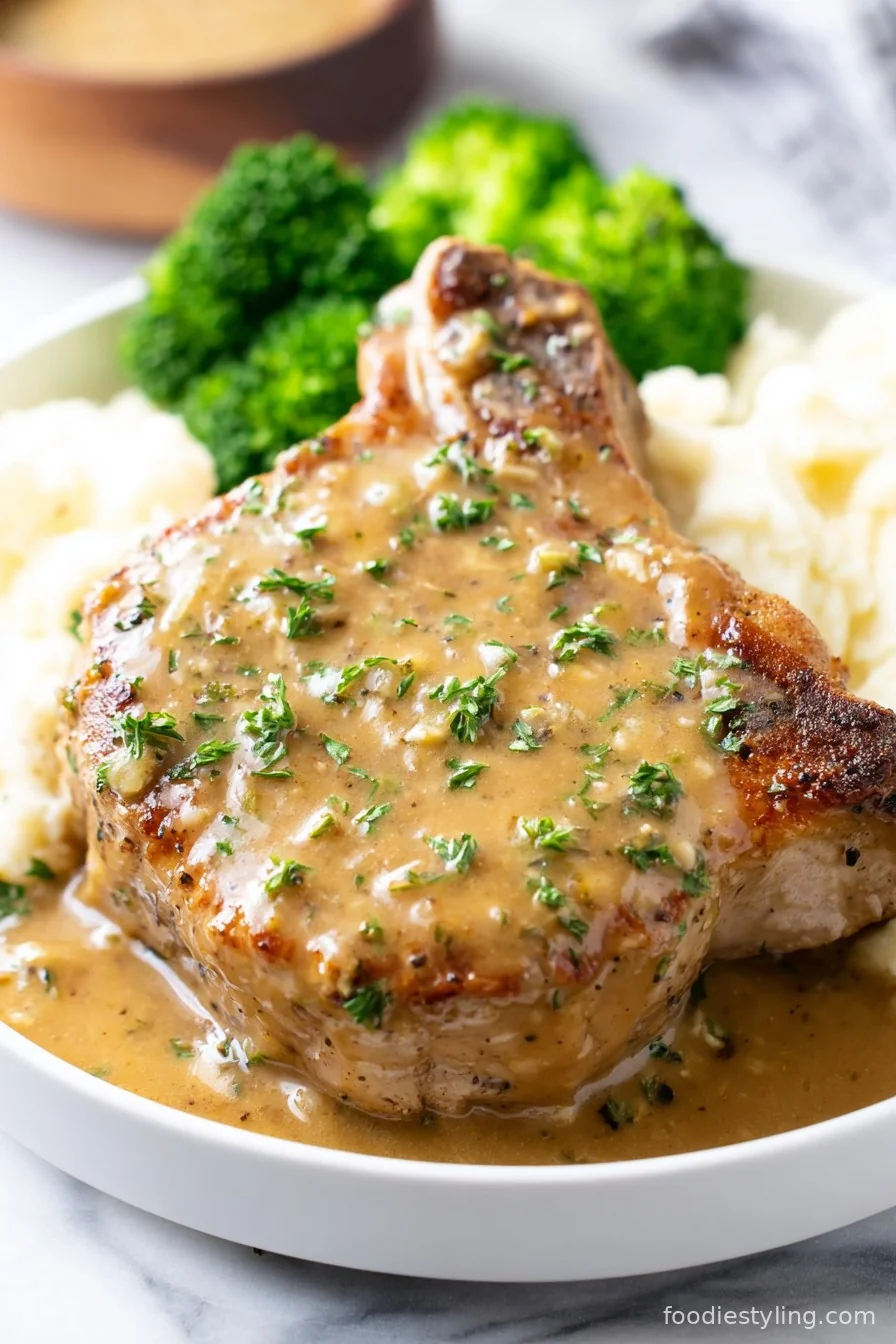 Golden brown Garlic Parmesan Pork Chops on a plate, garnished with parsley
