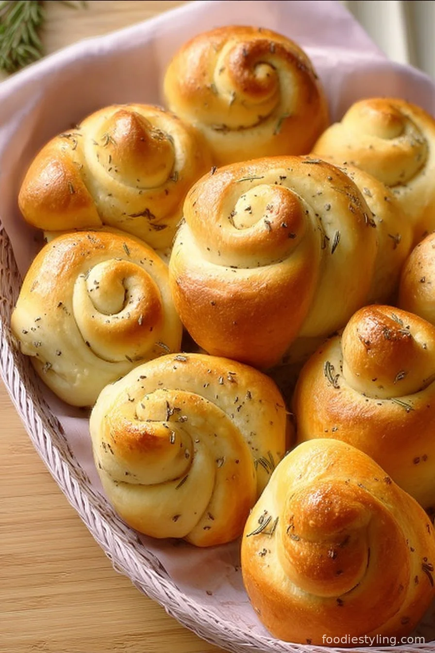 Fresh-from-the-oven rosemary dinner rolls with a sprig of rosemary on top