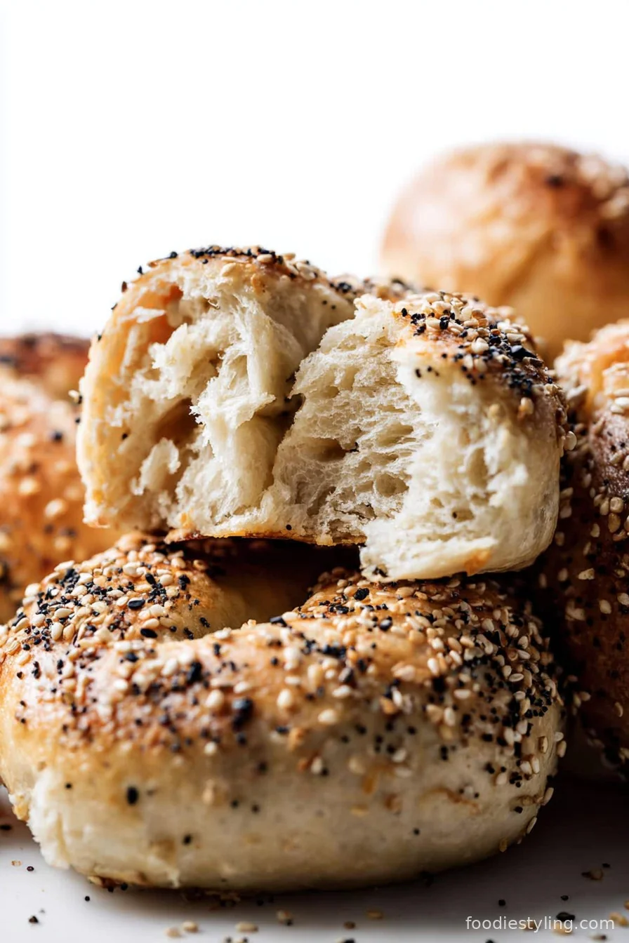 Close-up of chewy homemade bagels with a golden crust
