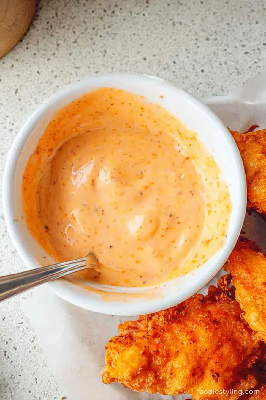 Mouthwatering crispy chicken tenders and homemade Cane’s sauce, served on a platter alongside fries and coleslaw