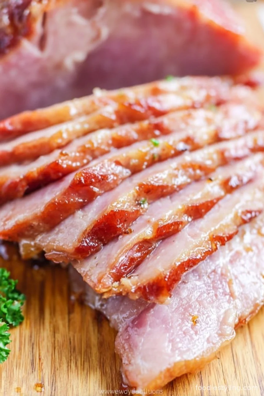 A glossy, caramelized ham garnished with fresh herbs and sliced oranges.