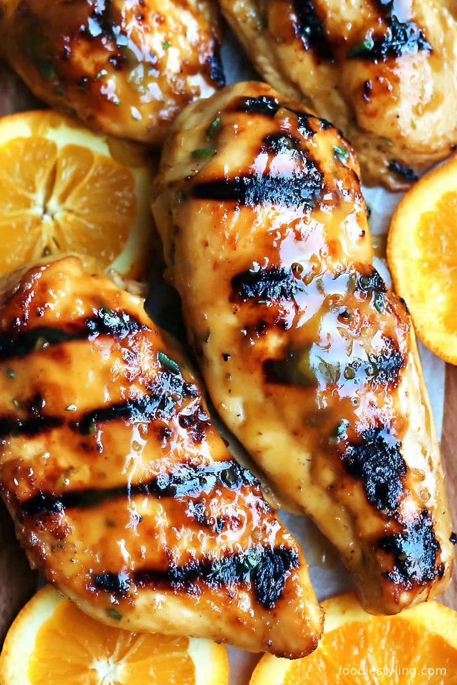 Juicy grilled chicken breasts brushed with golden honey mustard glaze, garnished with fresh herbs