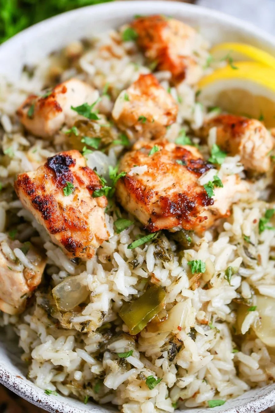 Instant Pot Greek Chicken and Rice fresh out of the Instant Pot, garnished with parsley, lemon wedges, and feta