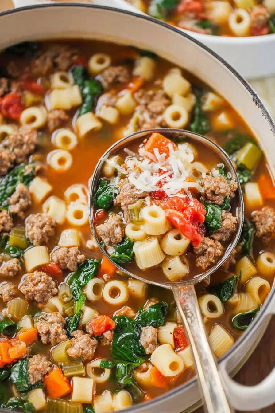 Italian Sausage Soup with Spinach and Pasta cooking process